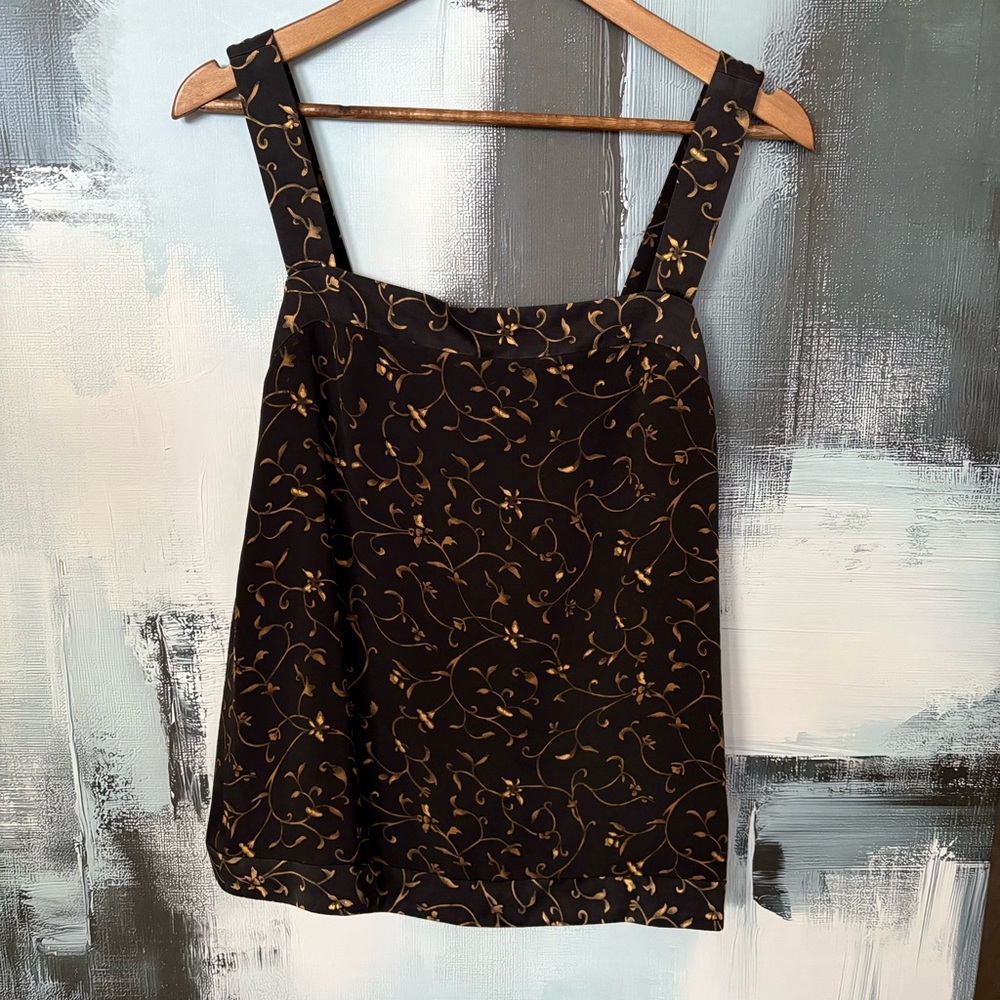 Vintage 100% Silk Dana B & Karen Black Gold Floral Scroll Top Size 8